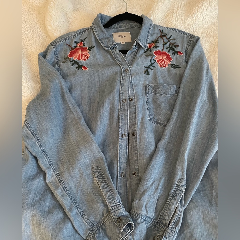 Rails lightweight denim button up top with rose embroidery
